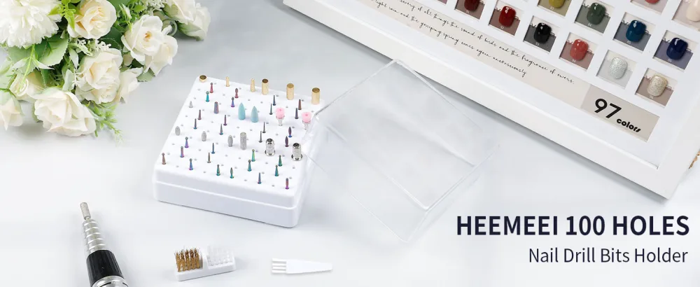 Nail Drill Bits Holder & Nail Drill Bits Cleaning Brush 100 Holes Nail Bit Holder Dustproof Nail Art Drill Bits Display Storage Box Nail Drill Bit Holder for Nail Tech (White) - HEEMEEI100 HOLES Nail Drill Bits Holder