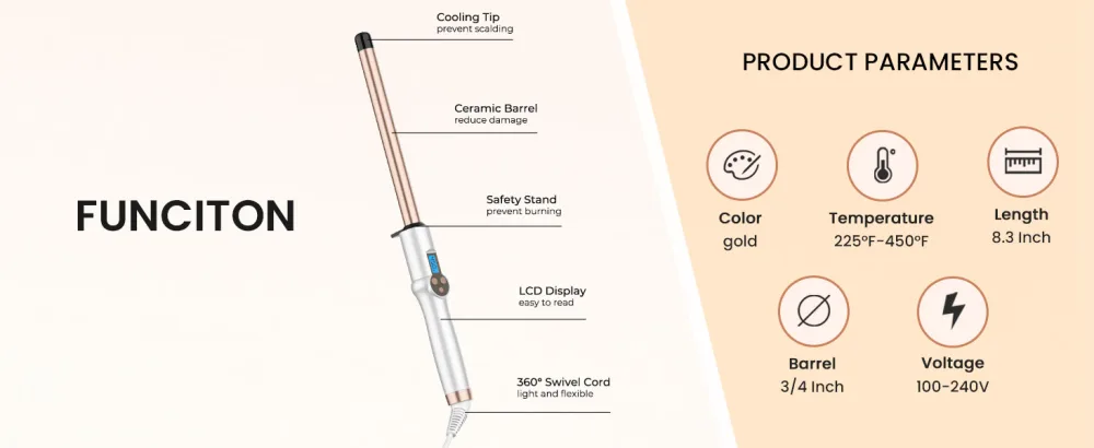 3/4 Inch Extra Long Barrel Curling Wand Ceramic Tourmaline Curling Wand Professional Dual Voltage with Adjustable Temperature - curling wand