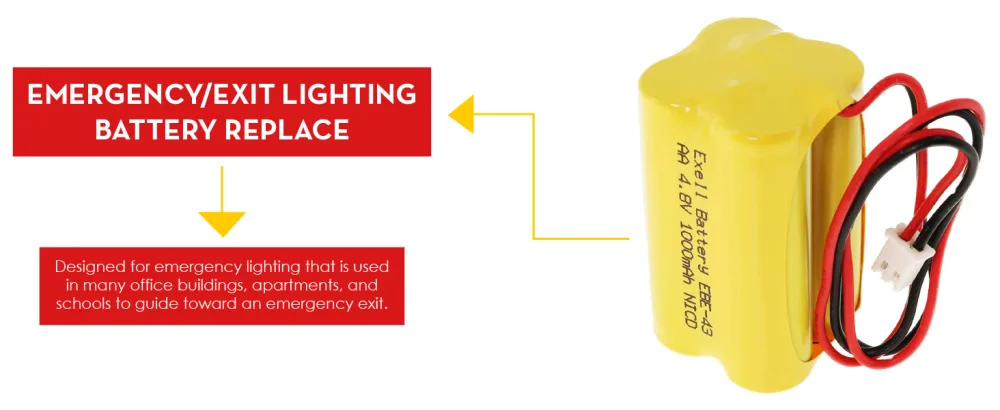 4.8V 1000mAh Exell Emergency Lighting Battery for Emerlight Daybright BL93NC487 E-conolight E-XP2RBW Emergi-lite BL93NC487 Emerlight BL93NC487 ANIC1117 Unitech Systems D-AA500 CUSTOM-43 - Exell Battery