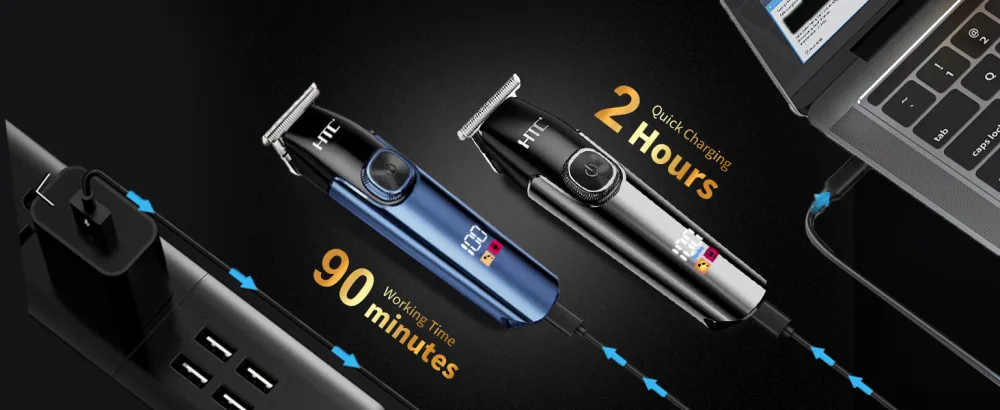 HTC Hair Clippers Cordless Hair Cutting Kit with Titanium precision LED Display Adjustable Speeds Haircutting Clipper for Home Barber (black) - 588 2