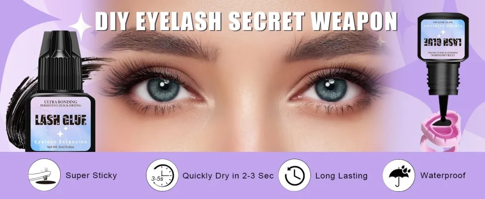 Sensitive Lash Extension Glue Kit-Strong Hold Cluster Lash Glue | 3-4 Weeks Long Lasting | Waterproof & No Irritation | 2-3 Sec Drying time | Black Eyelash Glue for Beginner DIY or Professional (5ml) - lash glue kit for eyelash clusters