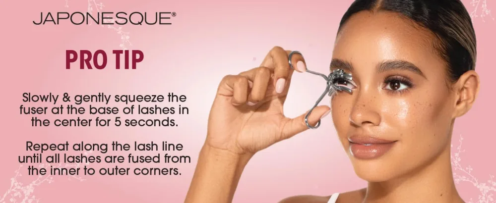 JAPONESQUE False Lash Fuser and Curler - Fuse Natural Lashes to False Eyelashes - No More Flyaway Corners! Great Tool for Short Natural Lashes - Pro Tip