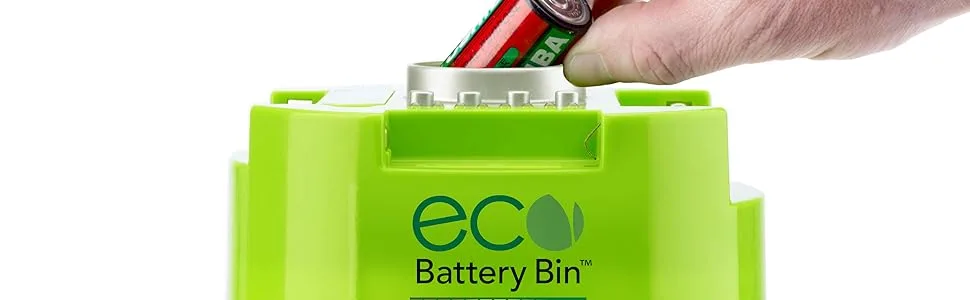 ECO Battery Bin- Test & Recycle Batteries AAA AA C and D - Insert used batteries into the hole in the lid