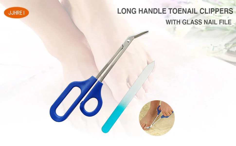 Long Handled Toenail Scissors & Easy Reach Long Handle Clippers for Thick Toe Nail with Glass Nail File Blue - long handled toenail clippers