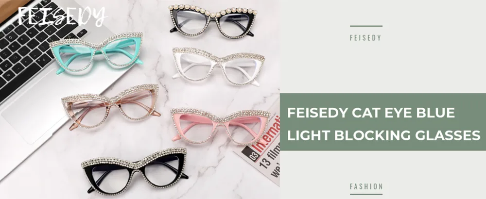 FEISEDY Diamond Blue Light Blocking Glasses Cat Eye Rhinestone Women Oversized Anti Eyestrain Computer Glasses Frame B2358 Flower Diamond 51 Millimeters - cat eye glasses