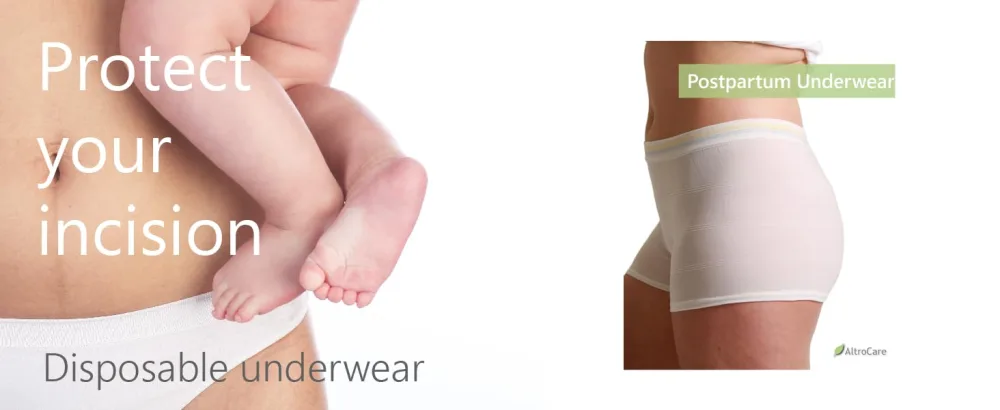 Postpartum C-Section Recovery Kit with postpartum essentials: abdominal belly band disposable underwear and silicone scar sheets. (L/XL) - Protect with our mesh underwear
