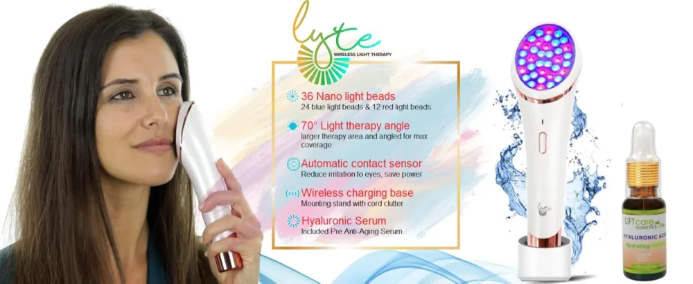 Lyte Wireless 2.0 Duo Red & Blue LED Light Therapy for Face Includes Hyaluronic Serum Automatic Red and Blue LED Light Therapy Wrinkle Reduction Device White - lyte