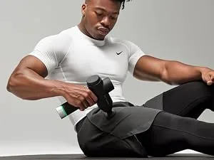Hyperice Hypervolt Go 2 in Black - Featuring Quiet Glide Technology - Handheld Percussion Massage Gun | 3 Speeds 2 Interchangeable Heads | Helps Relieve Sore Muscles and Stiffness | FSA-HSA Eligible Hypervolt Go 2 Black - Man in a gym setting using a Hypervolt 2 Pro on his bicep.