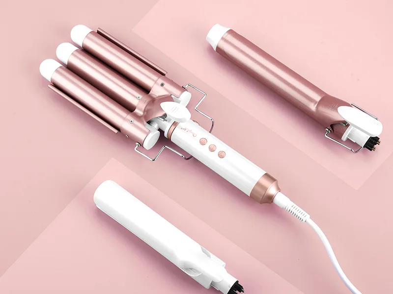 CkeyiN 3-in-1 Interchangeable Curling Wand Set: Ceramic Crimper Straightener and Waver for All Hair Types with PTC Fast Heating - 3 in 1 curling iron set