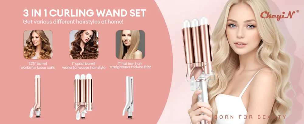 CkeyiN 3-in-1 Interchangeable Curling Wand Set: Ceramic Crimper Straightener and Waver for All Hair Types with PTC Fast Heating - hair curling iron