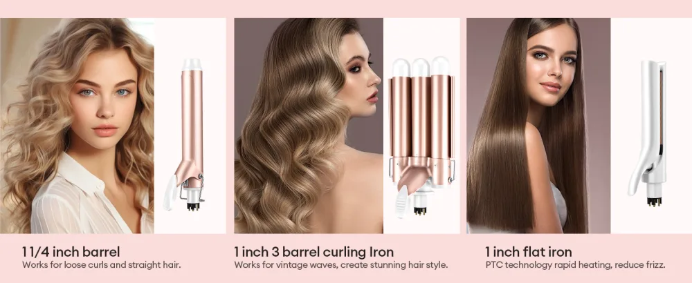CkeyiN 3-in-1 Interchangeable Curling Wand Set: Ceramic Crimper Straightener and Waver for All Hair Types with PTC Fast Heating - interchangeable curling iron
