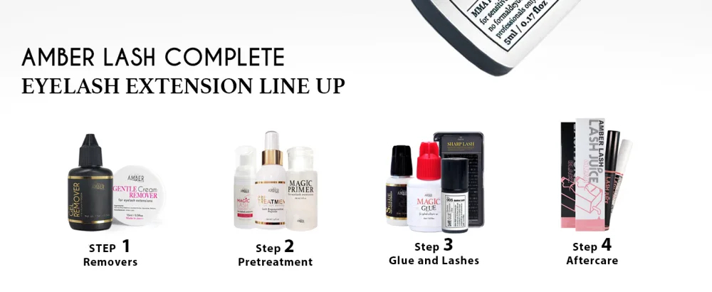 Amber Lash Safe Glue Super Sensitive Eyelash Extension Glue for Professionals MMA Free 2 Second Dry 8 Weeks Retension 5 ml / 0.17 floz - line up