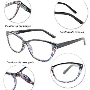 FEISEDY Progressive Multifocus Blue Light Blocking Reading Glasses No Line Multifocal Readers with Spring Hinge B2675 Blue Floral 3.0 x - 2675-006