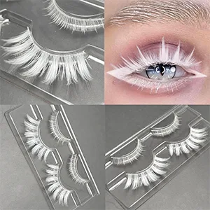 White False Eyelashes Cosplay Halloween White Lashes Extension Tools Reusable Natural Looking Anime Makeup Masquerade Party White 2 Pairs(Upper&Bottom) - eyelashes