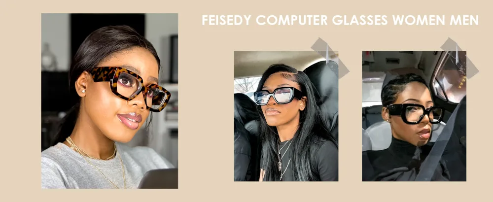 FEISEDY Blue Light Glasses for Women Oversized Square Thick Frame Computer Eyeglass Anti Eyestrain B4129 Red - 412905