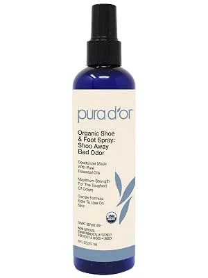 PURA D'OR Organic Shoe & Foot Odor Eliminator Spray (8oz) Deodorizes & Removes Bad Smells with Eucalyptus, Peppermint, Tea Tree, Lemongrass Essential Oil, Maximum Strength (Packaging may vary) - eliminates odor