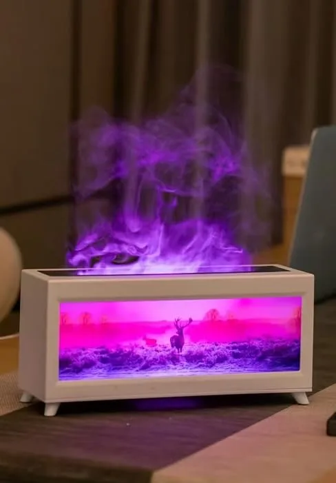 Essential Oil Flame Diffusers & humidifiers 7color modess imulation Flame Light humidifiers Aromatherapy Diffuser Timer Automatic Shutdown of waterless 150ml Capacity (White Aroma Diffuser) - Room Direct Sale Fire Flame Humidifier Aromas Diffuser Air Essential Oil Ultrasonic Humidifier