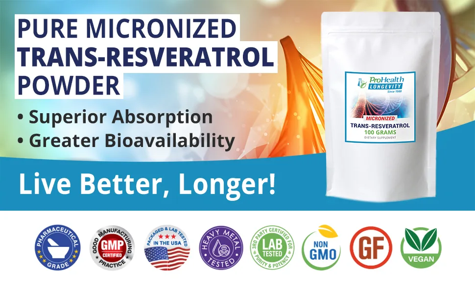 ProHealth Longevity Bulk Micronized Trans Resveratrol Powder 100 Grams - Pure Pharmaceutical Grade, 1000 mg per Scoop, Superior Absorption and Bioavailability - bulk trans resveratrol