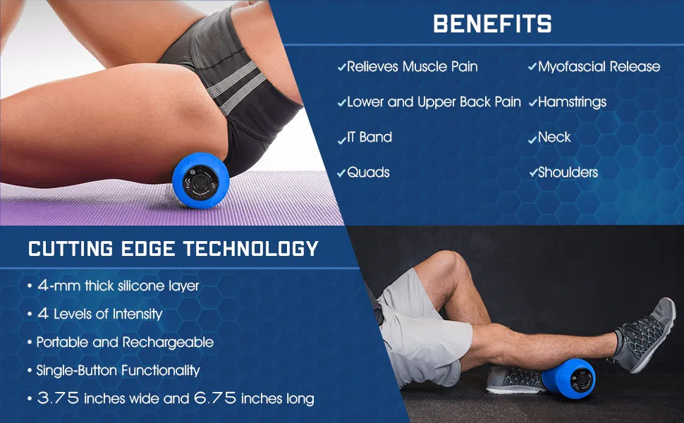 Professional Vibrating Peanut Massage Ball - Deep Tissue Trigger Point Therapy, Myofascial Release - Handheld, Cordless - 4 Intensity Levels - Dual Lacrosse Ball Vibration Massager (Blue) - hamstring release, leg pain release, vibrating peanut massage ball, glutes
