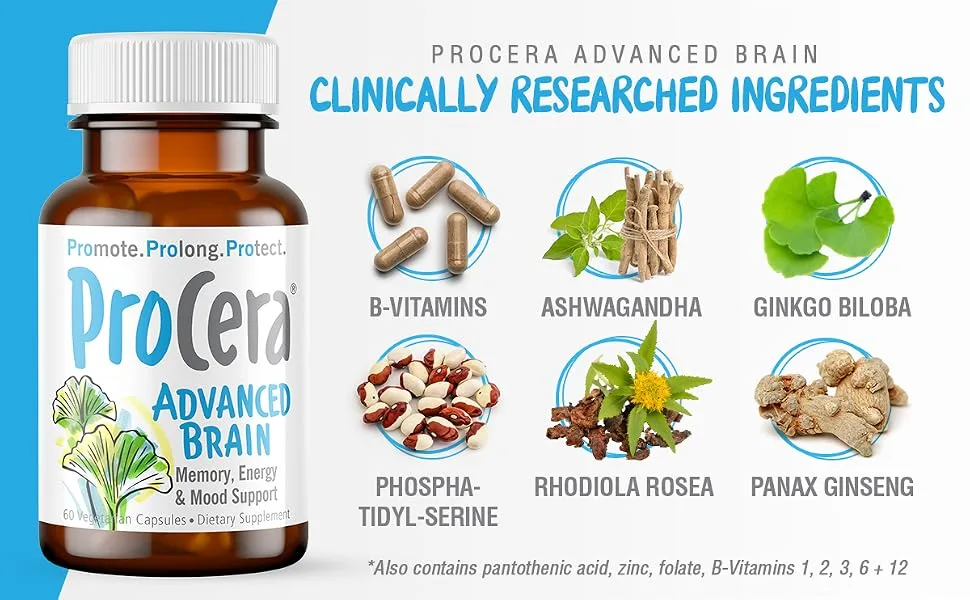 Procera Advanced Brain Supplement | Memory & Brain Booster | 3-in-1 Nootropics Brain Support Supplement | w/ Ashwagandha, Rhodiola, Ginseng, Ginkgo, Phosphatidylserine & Vitamin B Complex - product information 3