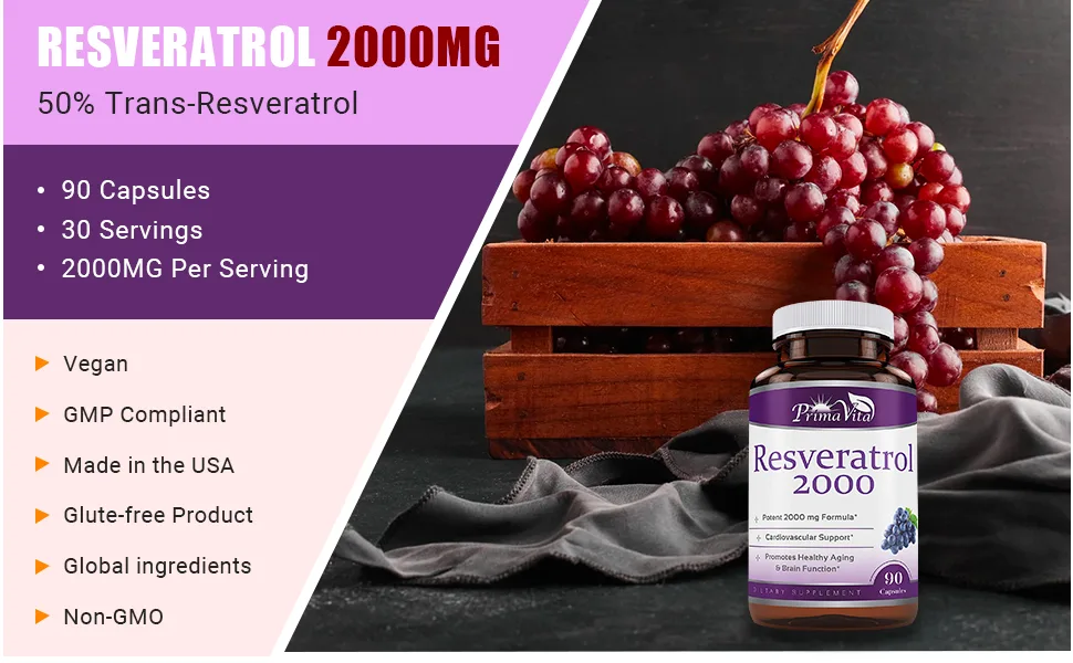 Prima Vita Resveratrol Nutritional Supplement 2000mg, Grape Seed Extract Capsule with Quercetin, Antioxidant Supplement Support Immunity, 90 Capsules - Antioxidants