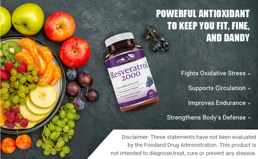 Prima Vita Resveratrol Nutritional Supplement 2000mg, Grape Seed Extract Capsule with Quercetin, Antioxidant Supplement Support Immunity, 90 Capsules - Vitamins, Minerals & Supplements