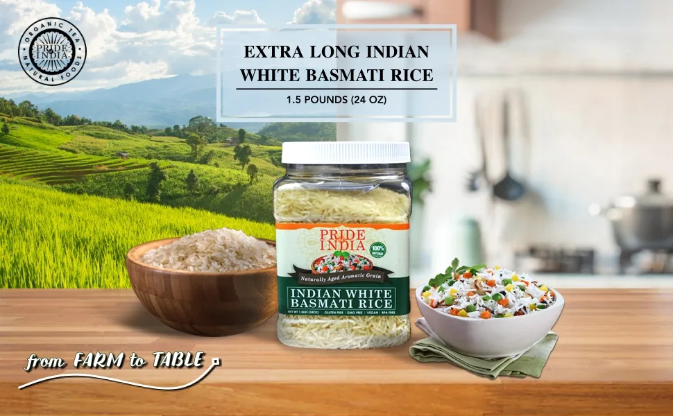 Pride Of India - Extra Long Indian Basmati Rice - Naturally Aged Aromatic Grain, 1.5 Pound Jar - header