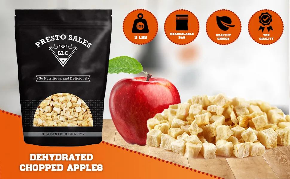 Presto Sales Dried Apple Cubes 48 oz | All Natural Dried Fruit Snack | Vegan, Non-GMO Dehydrated Fruit | Packed Fresh in Resealable 3 lbs pouch bag - product information 2