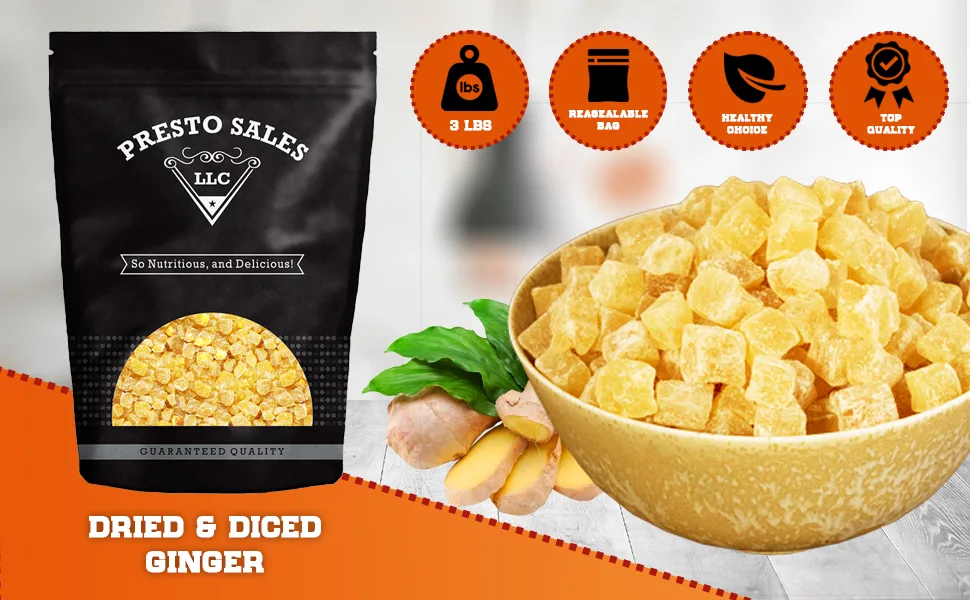 Presto Sales Crystallized Ginger Pieces 112 oz | Unsulphured Dried Candied Ginger 3-5 mm Pieces | All Natural, Non-GMO | Resealable 7 lbs Pouch Bag - product information 2