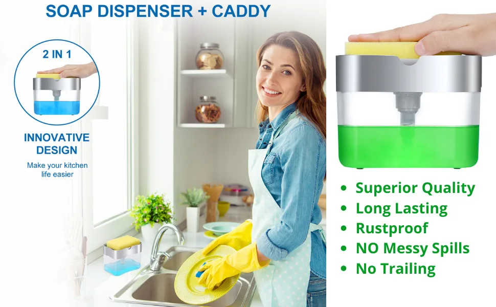 Premium Quality Dish Soap Dispenser - Countertop Kitchen Soap Dispenser, Sink Dish Washing Soap Dispenser 13 Ounces (Sponge Included) Silver - soap dispenser kitchen soap dispenser dish soap dispenser