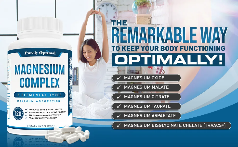 Premium Magnesium Complex - Magnesium Citrate, Malate, Taurate, Oxide, Aspartate, Bisglycinate Chelate TRAACS - 120 Capsules - The Remarkable Way