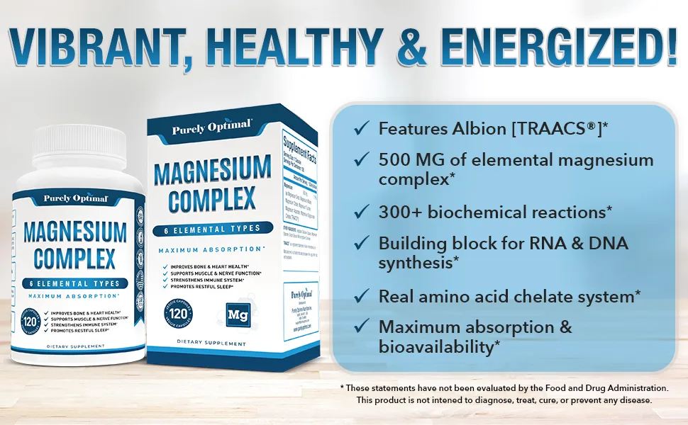 Premium Magnesium Complex - Magnesium Citrate, Malate, Taurate, Oxide, Aspartate, Bisglycinate Chelate TRAACS - 120 Capsules - Vibrant, Healthy & Energized