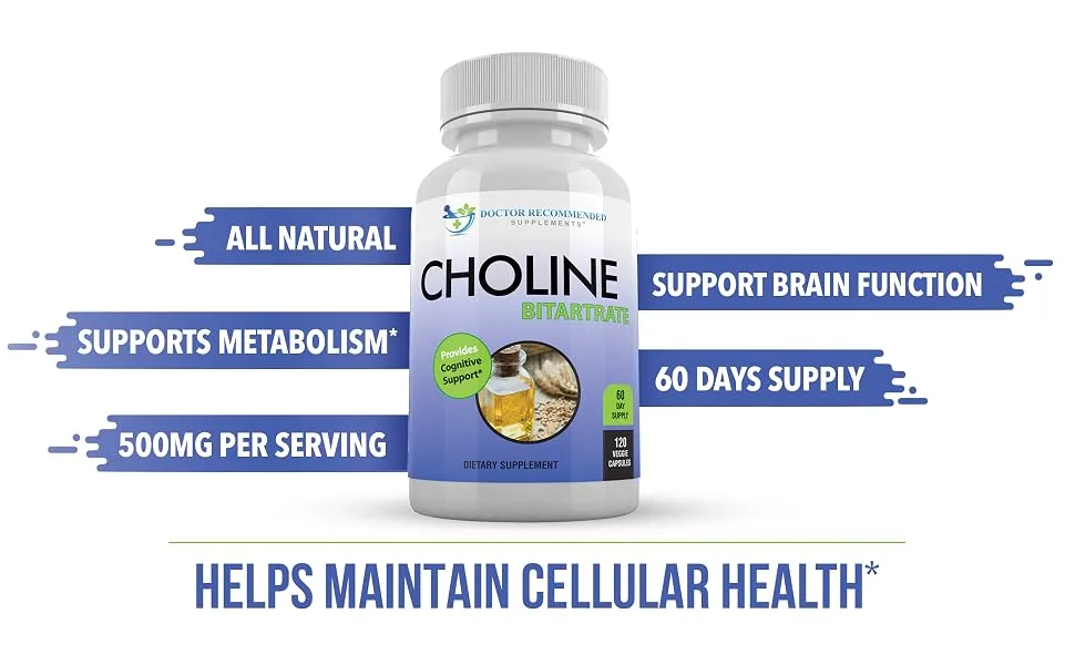 Premium Choline - 500 mg - 120 Veggie Capsules - by Doctor Recommended Supplements - Supports Cognitive Health, Memory & More 120 Count (Pack of 1) - choline bitartrate