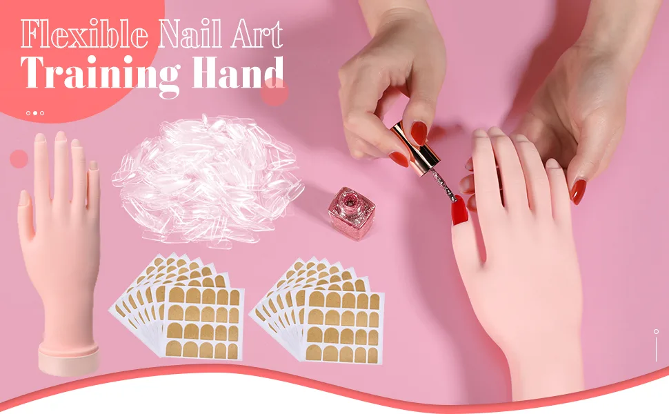 Practice Hand Nail Design Training Hand Flexible Fake Hand with 500 Pieces Fake Nails Acrylic False Fingernails and 25 Sheets Double Sided Adhesive Tabs for Manicure Practice Tool (Transparent Nails) - product information 2