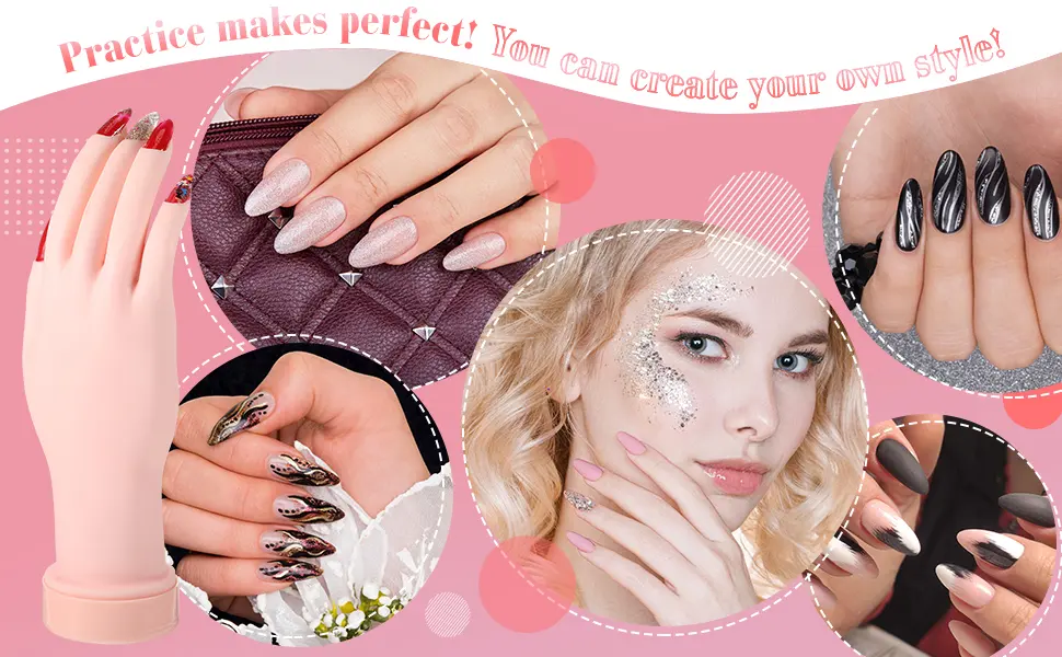 Practice Hand Nail Design Training Hand Flexible Fake Hand with 500 Pieces Fake Nails Acrylic False Fingernails and 25 Sheets Double Sided Adhesive Tabs for Manicure Practice Tool (Transparent Nails) - product information 8