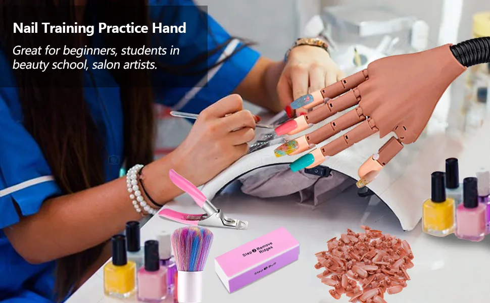 Practice Hand for Acrylic Nails-Flexible Moveable Nail Training Hand Kits, False Mannequin Hands with Fake Nail Tips, Nail Files and Clipper A-Brown - nail practicing