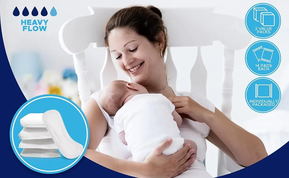 Postpartum Maternity Pads Pack of 28  Large Maximum Absorbency Heavy Flow Postpartum Incontinence Pads - Ultra Soft Disposable Post Birth Pads for New Moms- Vakly Postpartum Guide (2 Pack) - Each pad is individually packaged to stay clean and protected until used, even