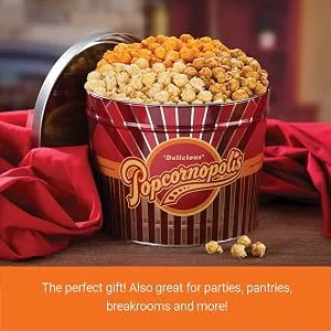 Popcornopolis Gourmet Popcorn 2 Gallon Tin, Popped Popcorn Gift, Variety Flavors, Caramel Corn, Zebra & Kettle Corn Zebra / Caramel / Kettle Corn 2 Gallon (Pack of 1) - gift snack tin reusable popcorn caramel flavor classic cheddar kettle corn party appetizer movie