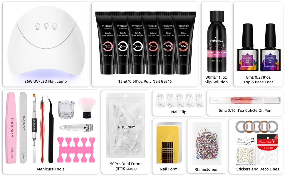 Poly Nail Gel Kit, Phoenixy 6 Colors Poly Nail Extension Gel Kit with 36W LED U V Nail Lamp Basic Nail Art Tools All In One Manicure Starter Kit Gift Classics - PACKAGE LIST