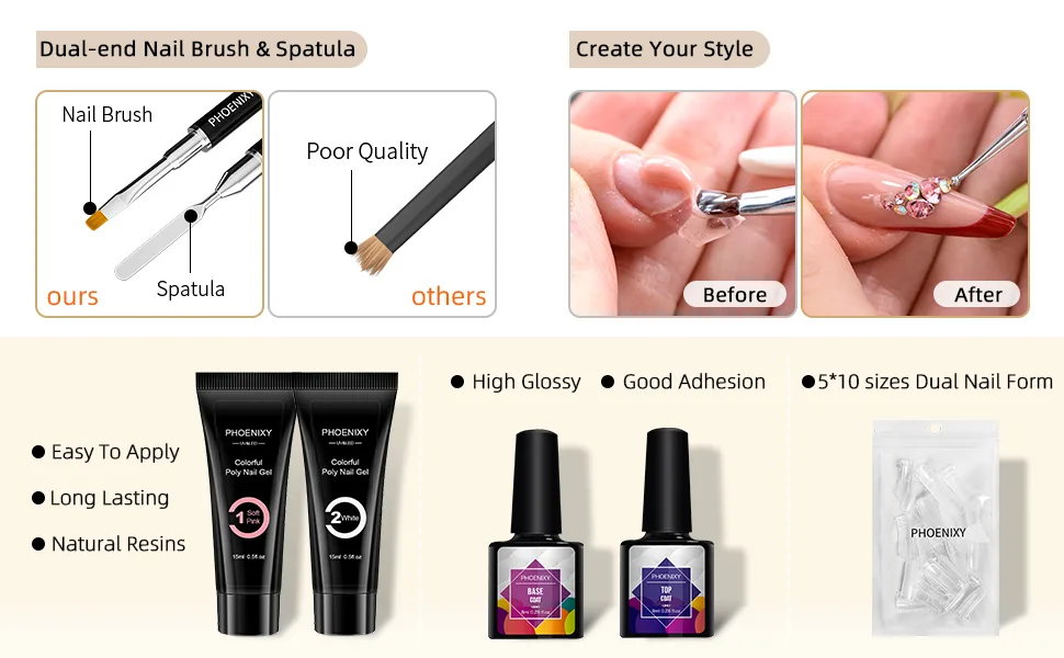 Poly Nail Gel Kit, Phoenixy 6 Colors Poly Nail Extension Gel Kit with 36W LED U V Nail Lamp Basic Nail Art Tools All In One Manicure Starter Kit Gift Classics - polygel nail kit