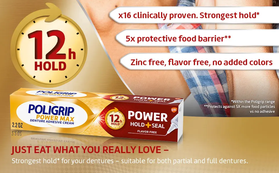 Poligrip Power Max Power Hold plus Seal Denture Adhesive Cream, Denture Cream for Secure Hold and Food Seal, Flavor Free - 2.2 oz - Just eat what you really love