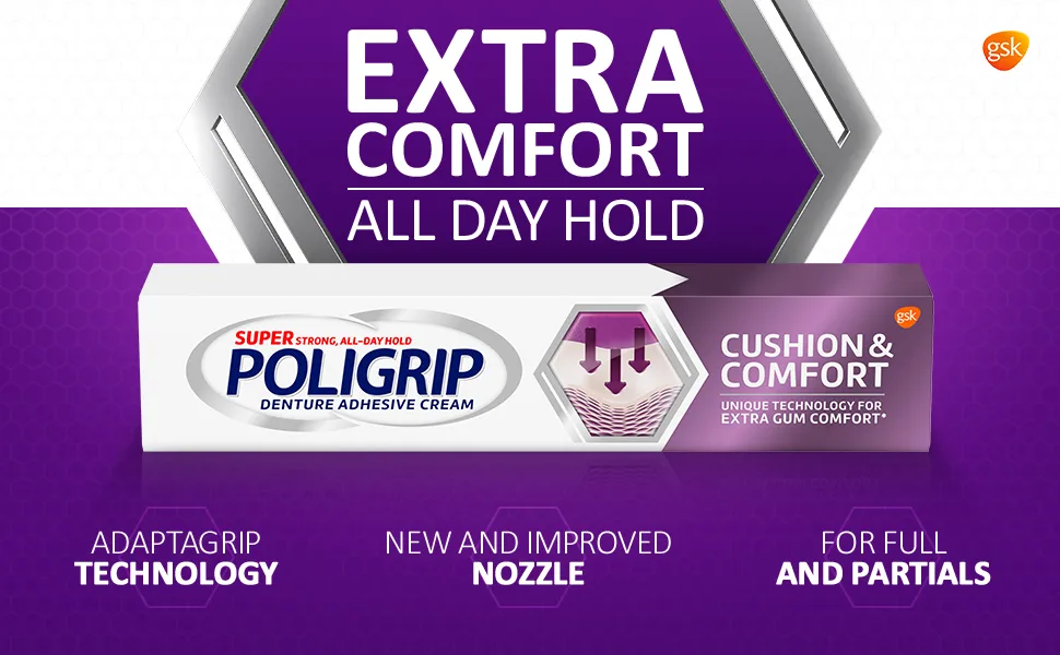Poligrip Cushion & Comfort, Denture and Partials Adhesive Cream, 2.2 ounces - Extra Comfort all day hold