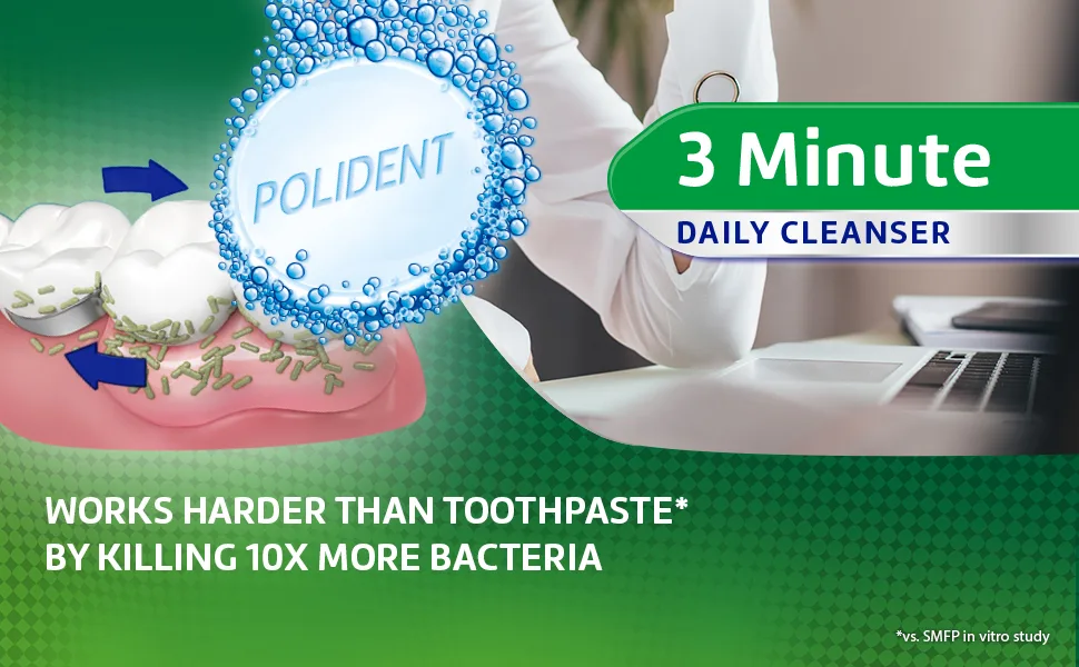 Polident 3-Minute Antibacterial Denture Cleanser - Mint, 3 Minute Whitening, 120 Count 120 Count (Pack of 1) - Polident 3 Minute