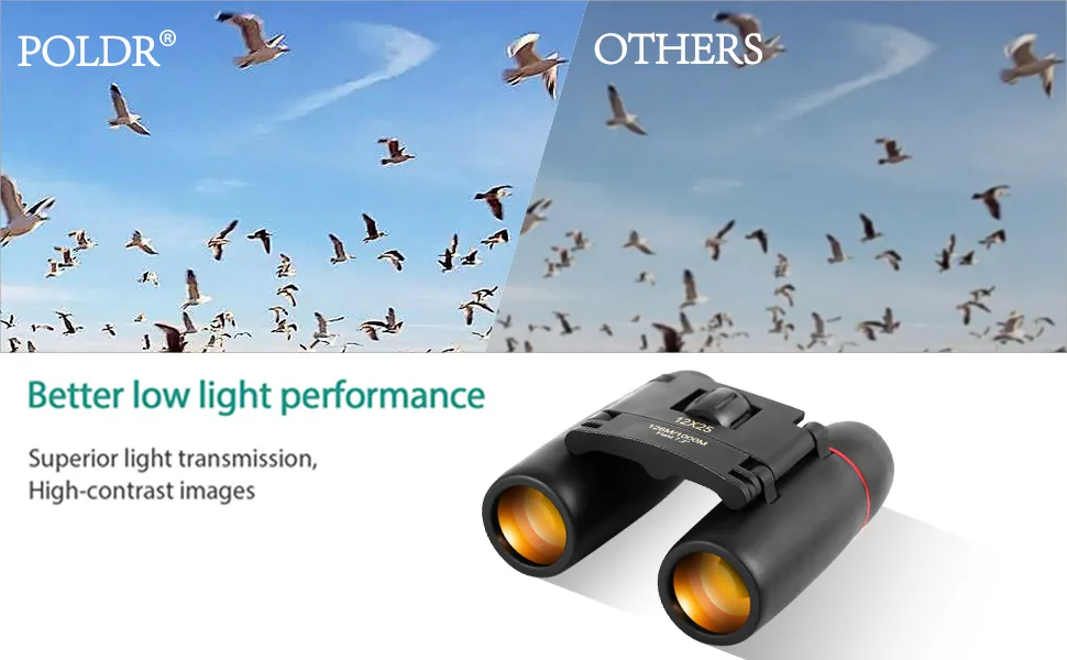 POLDR 12X25 Small Pocket Binoculars Compact Adults,Mini Kids Binoculars Boys for Bird Watching,Concert Theater Opera 12X25 Black - POLDR