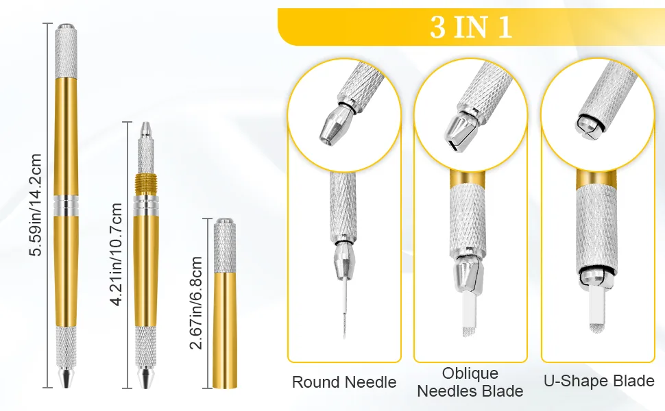 Pinkiou Microblading Pen for Eyebrow Henna Makeup Brow Lamination Pen with Sterilized Blade Hair Stroke Brow Embroidery gold - 3 in 1 microblading pen