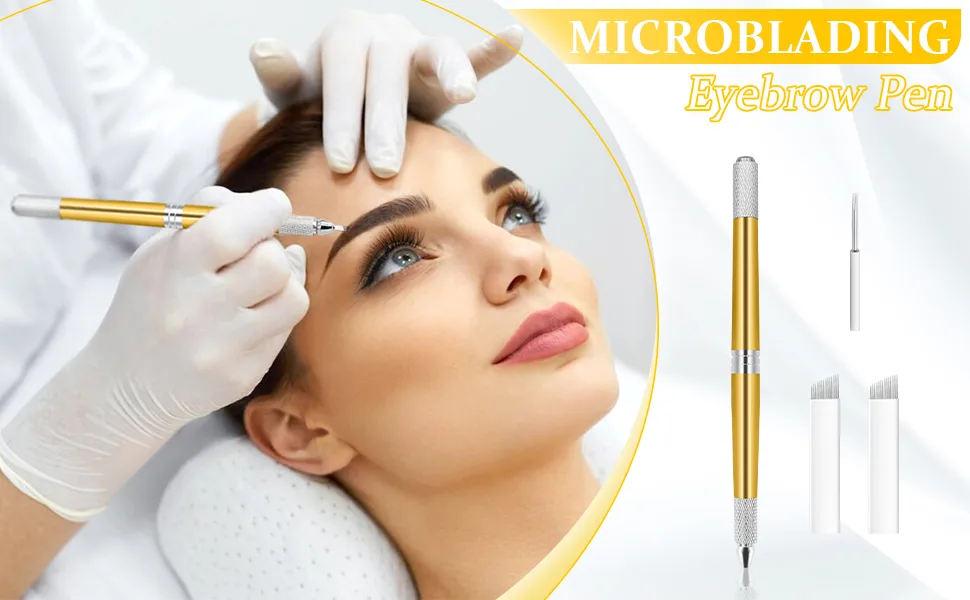 Pinkiou Microblading Pen for Eyebrow Henna Makeup Brow Lamination Pen with Sterilized Blade Hair Stroke Brow Embroidery gold - microblading pen