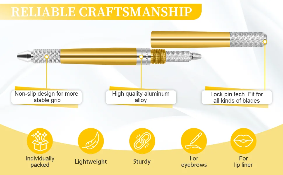 Pinkiou Microblading Pen for Eyebrow Henna Makeup Brow Lamination Pen with Sterilized Blade Hair Stroke Brow Embroidery gold - reliable craft microblading pen