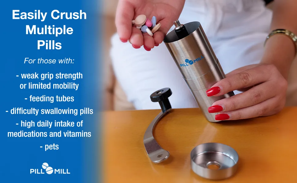 Pill Mill Pill Crusher - Crushes Multiple Tablets to a Fine Powder - Metal Pill Grinder - Tablet Pulverizer Suitable for Travel - Great Feeding Tube use and Pets - The medication crusher is great for those with weak grip, feeding tube users, and pets.