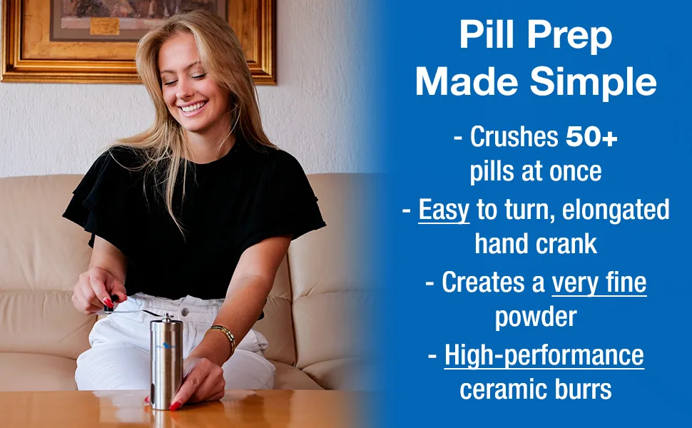 Pill Mill Pill Crusher - Crushes Multiple Tablets to a Fine Powder - Metal Pill Grinder - Tablet Pulverizer Suitable for Travel - Great Feeding Tube use and Pets - The medicine grinder can crush 50+ pills at once with its easy to turn hand crank and ceramic burrs.