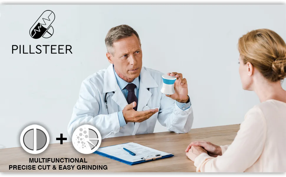 Pill Crusher Cutter Splitter Grinder - 3 in 1 - Pill Crusher Pulverizer - Tablet Cutter with Small Pill Box Container - Pill Breaker Slicer Chopper Divider - Multifunction Blue White - pill crusher medication